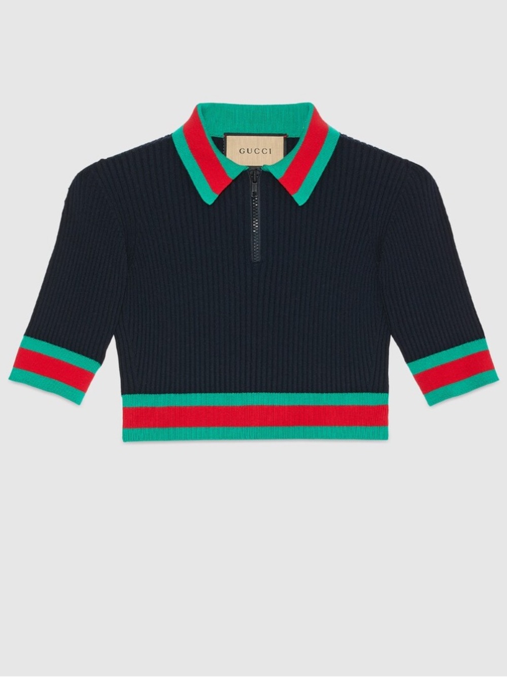 Gucci xs Navy Stretch Viscose Cropped Polo with Green and Red Trim